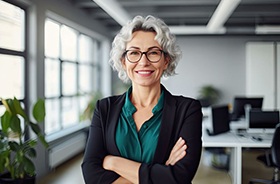 Mature, smiling woman wearing business apparel