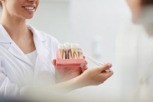 Dentist using model to educate patient about dental implant failure
